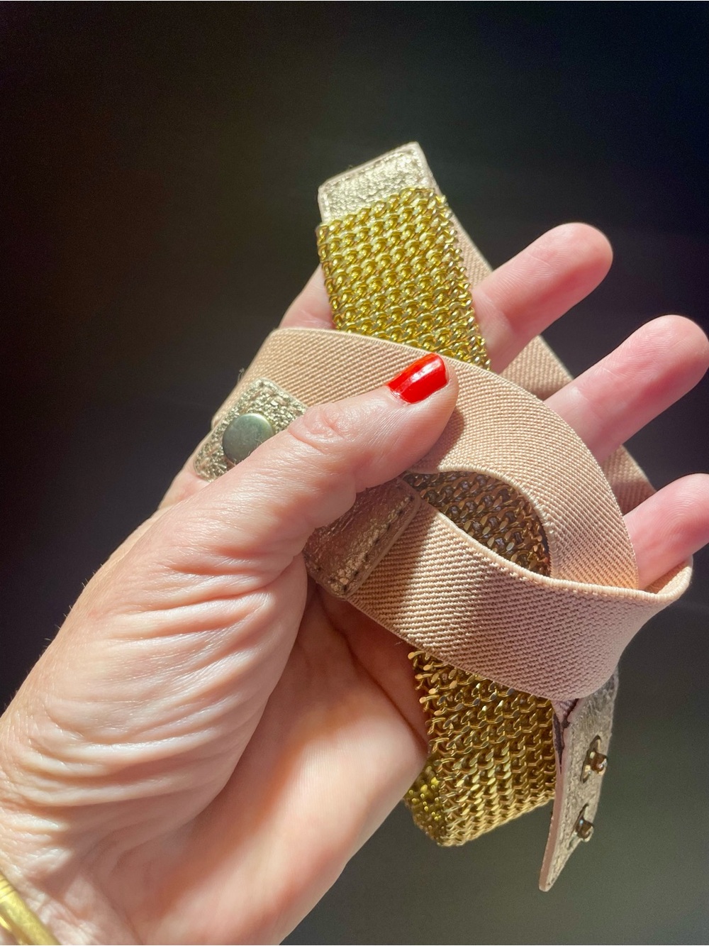Women’s Elastic Nude and Gold Sling Strap Belt